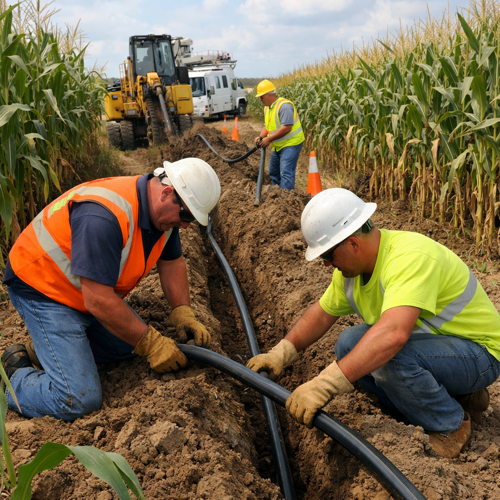 utility workers burying cable in a cornfield