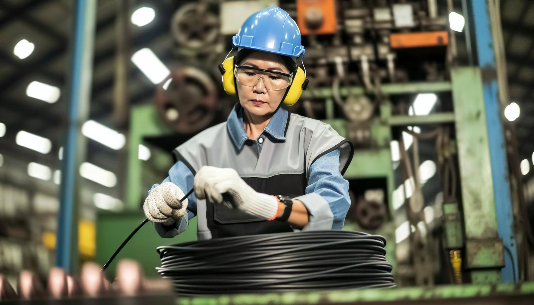 factory worker making big electrical cable